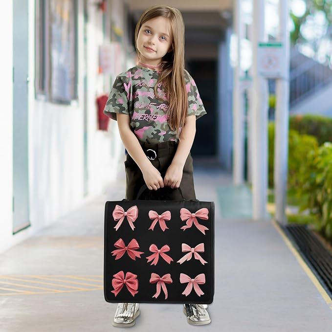 3 Ring Zipper Binder with Shoulder Strap Pink Red Bow Black 1.5 inch Binders Keeper Large Capacity Multi Pockets for School Office Supplies