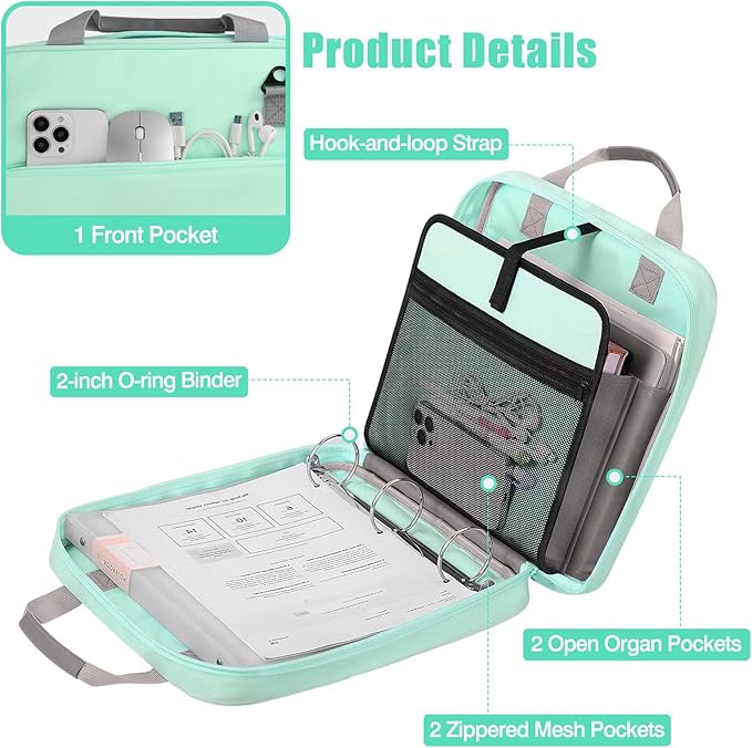 Moko Zipper Binder, 2 Inch 3 Ring Binder with Zipper,500 Sheets Capacity Zipper Binder with Shoulder Strap & Handle,Multi-Pocket Zipper Binder Organizer for Middle School, Mint Green