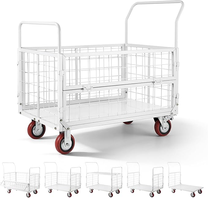 VEVOR Platform Truck Cart with Cage, 2000 lbs Capacity, 6-in-1 Foldable Flatbed Cart with Swivel Wheels, Heavy Duty Hand Truck, Multi-Functional Push Dolly, for Grocery Laundry, 44.5 x 26.6 x 42.1 in