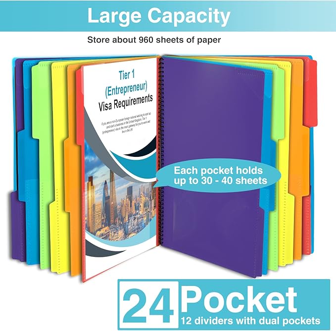 Forvencer 24 Pocket Project Organizer, 1/3-cut Tab Binder Organizer with Sticky Labels, Multi Pocket Folder with Zipper Pouch, Folder Binder Spiral Pocket Notebook, Office Supplies