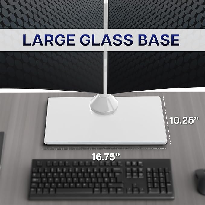 VIVO Freestanding Dual Monitor Stand with Sleek Glass Base and Adjustable Arms, Mounts 2 Screens up to 32 inch and 22 lbs Each, White, STAND-V002FGW