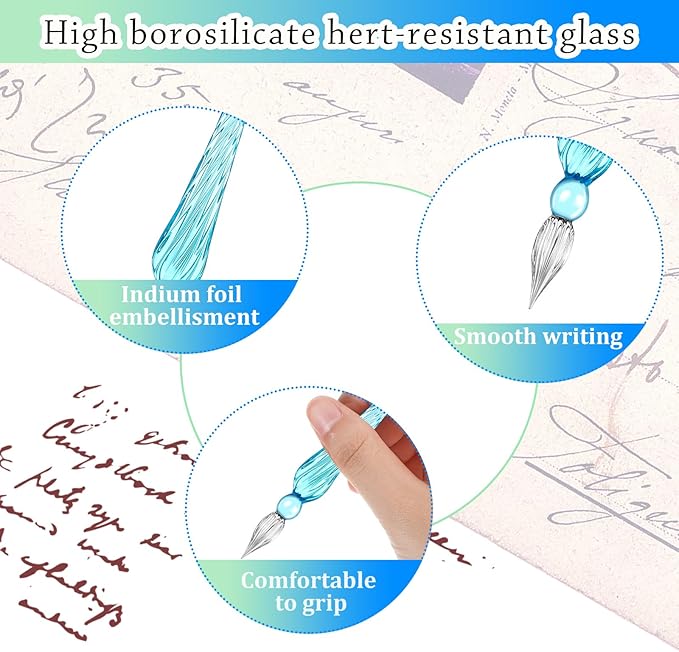 Zonon 6 Pieces Handmade Glass Dip, Crystal Glass Signature Calligraphy Vintage Dip Ink Pen Borosilicate Present Pen for Writing Drawing Decoration(Blue Green Color,Classic Style)