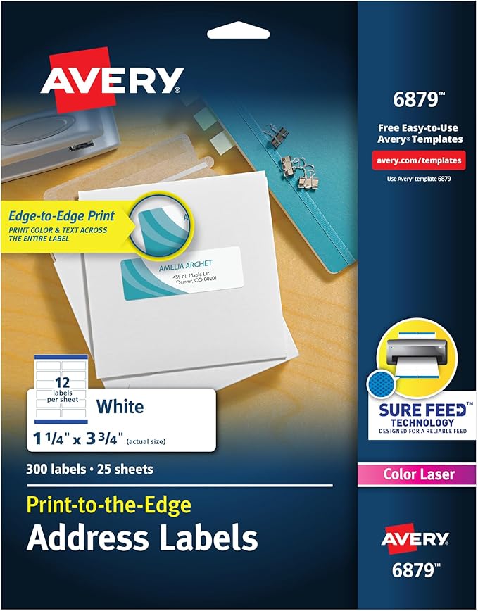 Avery Print-to-The-Edge Printable Address Labels, 1.25" x 3.75", Matte White, Sure Feed Technology, Laser & Inkjet Compatible, 300 Blank Labels, Great for Mailing, Branding, and More (6879)