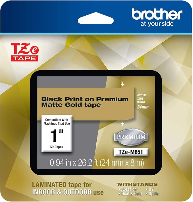 Brother P-touch TZe-M851 Black Print on Premium Matte Gold Laminated Tape 24mm (0.94”) wide x 8m (26.2’) long