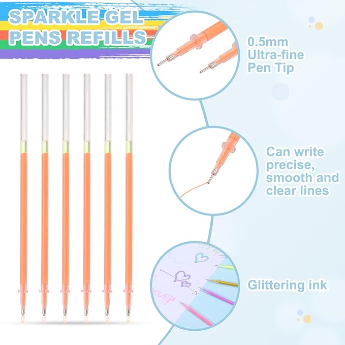PATIKIL 0.5mm Gel Pens Refills, 24 Pack Glitter Gel Pens Sparkle Metallic Ink Fine Point Colored Refill Set for Adults Coloring Books Journaling Scrapbooking Art Drawing, Orange