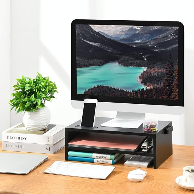 Marbrasse Monitor Stand Riser, 16.5 Inch 2 Tier Computer Printer Shelf Stand for Laptop Computer Screen Storage, Desktop Stand with Phone Holder and Cable Management Black