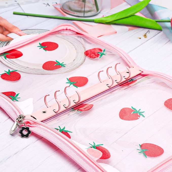 AxeWoodz Pink A5 Zipper Binder Clear Refillable Notebook Shell Cute Strawberry Lace Cover 6 Ring PVC Binder Cover for Photocard Planner Journal Photo Album