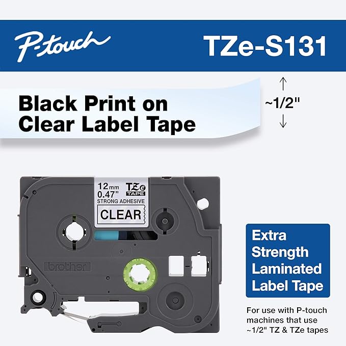 Brother Genuine P-touch TZE-S131 Tape, 1/2" (0.47") Wide Extra-Strength Adhesive Laminated Tape, Black on Clear, Laminated for Indoor or Outdoor Use, Water-Resistant,0.47" x 26.2' (12mm x 8M), TZES131