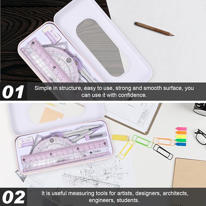 LUOZZY Student Math Geometry Tool Set Students Ruler Compass and Protractor Kit Office Stationery for Drawing School Supplies (Pink)