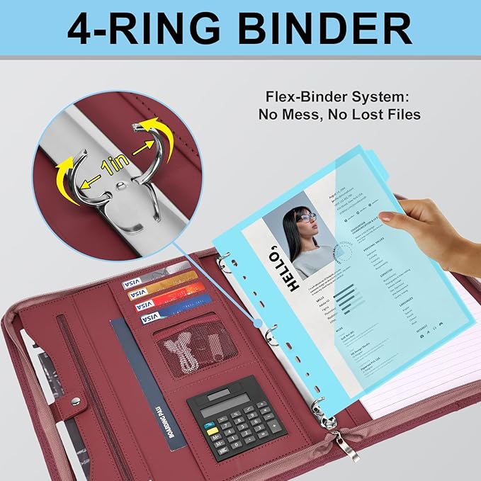 Eshow Portfolio Organizer - 3 Ring Binder with Zipper, Vegan Leather Business Padfolio Folder with Notepad Includes 5 Color Sheet Protectors for Documents Files for Men Women