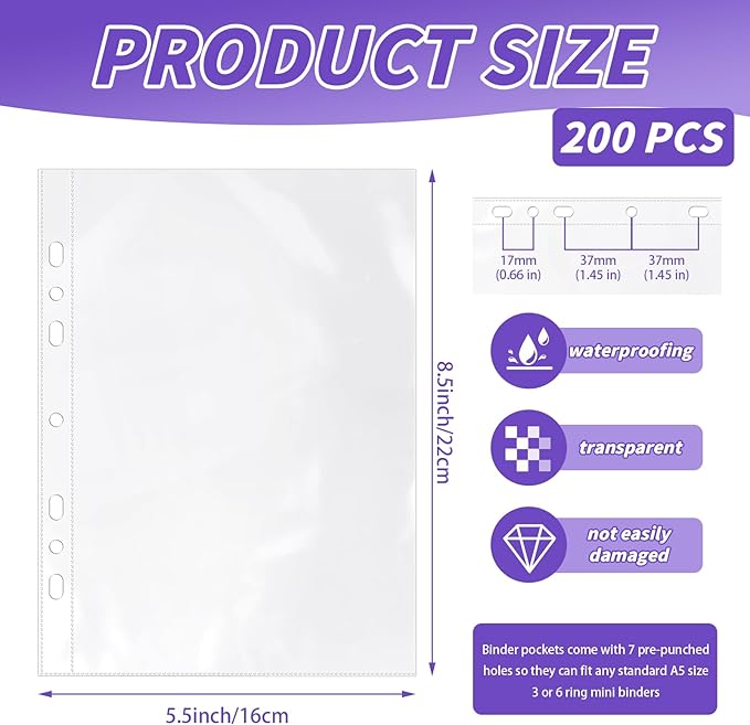 200 Pack 5.5x8.5 Inch Sheet Protectors for 3 or 6 Ring A5 Binder, Half Letter Size 7 Holes Mini Heavy-Duty Sheet Protector Sleeves Crystal Clear Playbill Binder Pockets