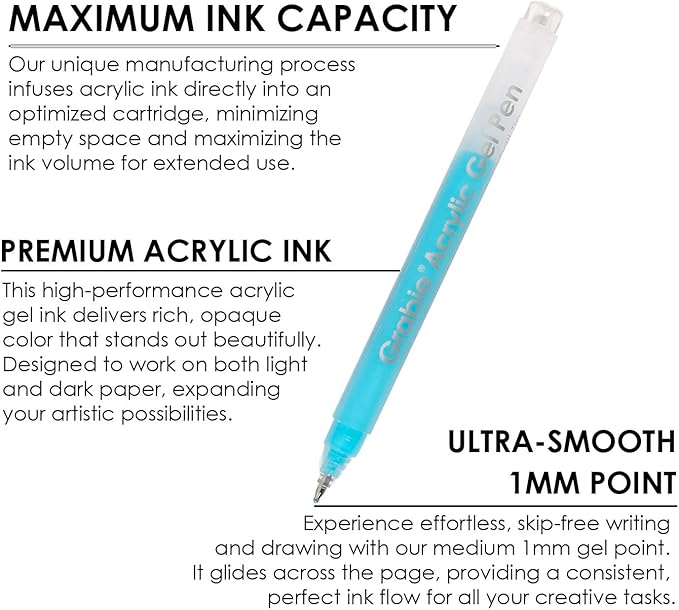 Grabie 12Colors Acrylic Gel Pens&Coloring Book, Medium Point Colored Gel Pens, Acrylic Gel Ink Pen Assorted Colored for Drawing, Note Taking, Bold&Bright Coloring Kit, Set of 12 (Essential Colors)