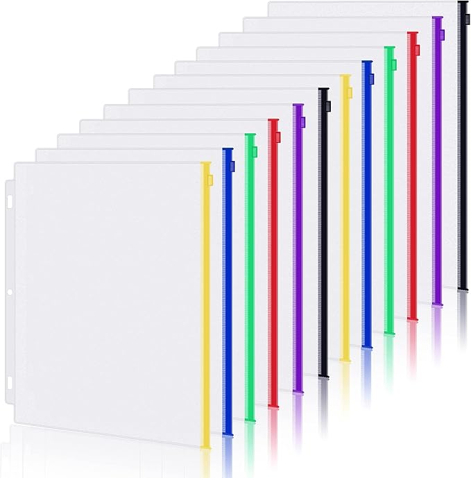 Antner 12 Pack Letter Size Binder Pockets 3 Ring Binder Multicolor Zipper Pouches Document Organizer, PVC 3-Hole Loose Leaf File Folders Insert Sleeves Page Sheet Protectors Business Office Supplies