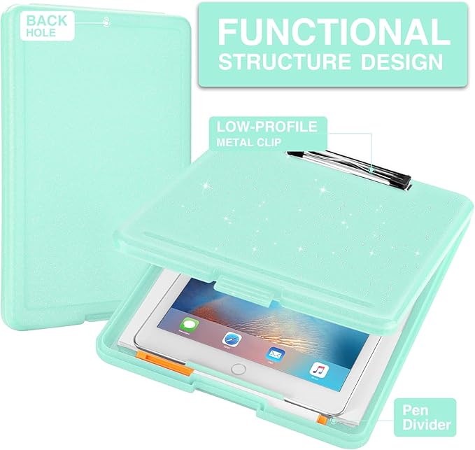 Sooez Clipboard with Storage, Plastic Storage Clipboards with Low Profile Clip, Nursing Clip Boards Foldable, Hanging Clipboard Case for Work, Teacher, Classroom Must Haves, Office School Supplies