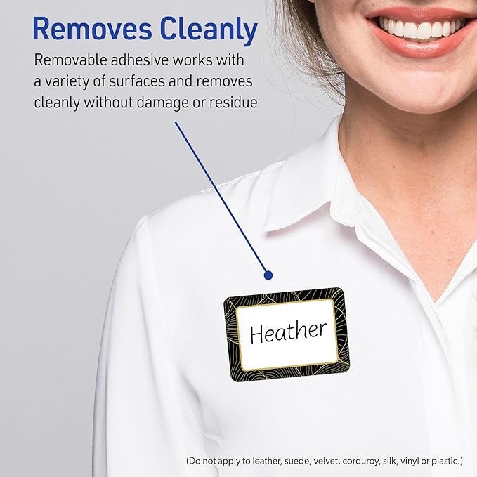 Avery Printable Rectangle Adhesive Name Badges, Pre-Printed Black Border with Gold Pattern, Matte White, 2-1/3" x 3-3/8", Laser & Inkjet Compatible, 80 Total, Great for Branding, Marketing, and Events