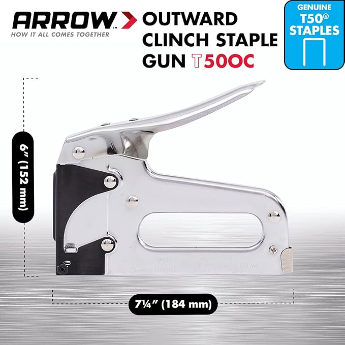 Arrow T50OC Heavy Duty Outward Clinch Staple Gun, Manual Stapler for Packaging and Boxes, Uses T50 Staples in 3/8-Inch, 1/2-Inch, and 9/16-Inch