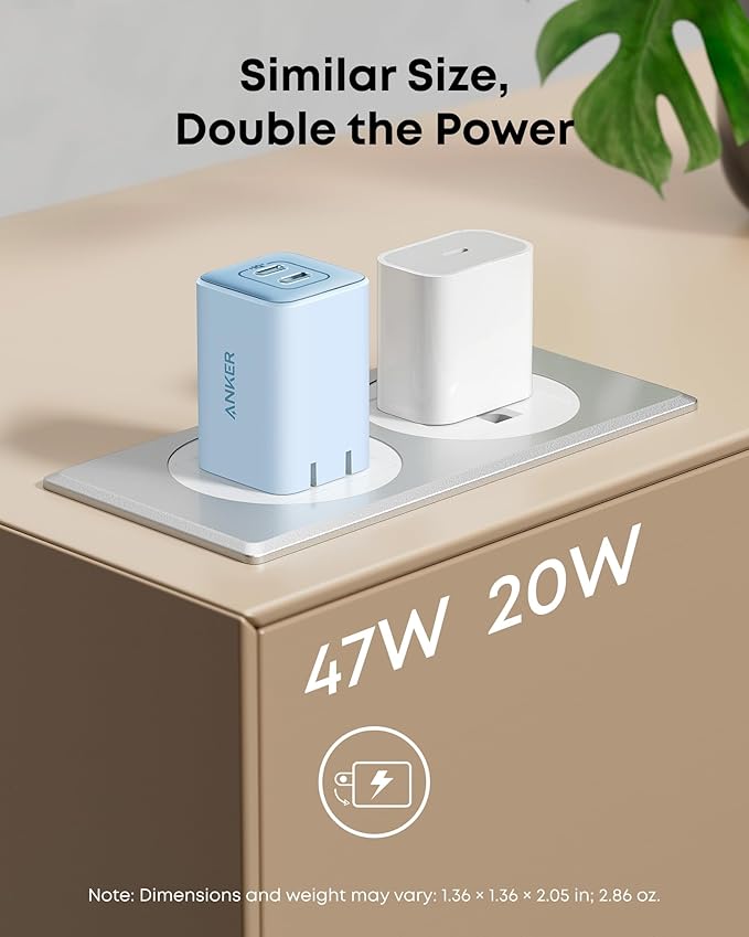 Anker Nano Charger, 47W 2 Port Compact Foldable GaN USB C Charger for iPhone 17/16, Galaxy, Pixel, Compatible with MagSafe (Blue)