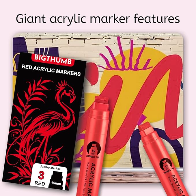 3 Pcs Red Jumbo Permanent Markers: 15mm Wide Tip Thick Acrylic Paint Pen Large Calligraphy Marker for Rock Painting, Poster, Sign, Canvas, Glass, Wood, Ceramic