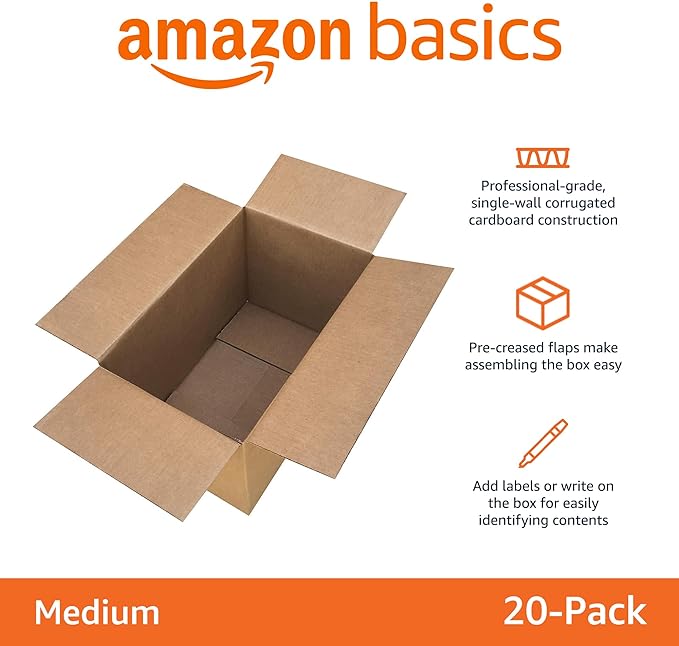 Amazon Basics Cardboard Moving Boxes for Packing and Shipping, Medium Size, 18" x 14" x 12", Brown, 20-Pack