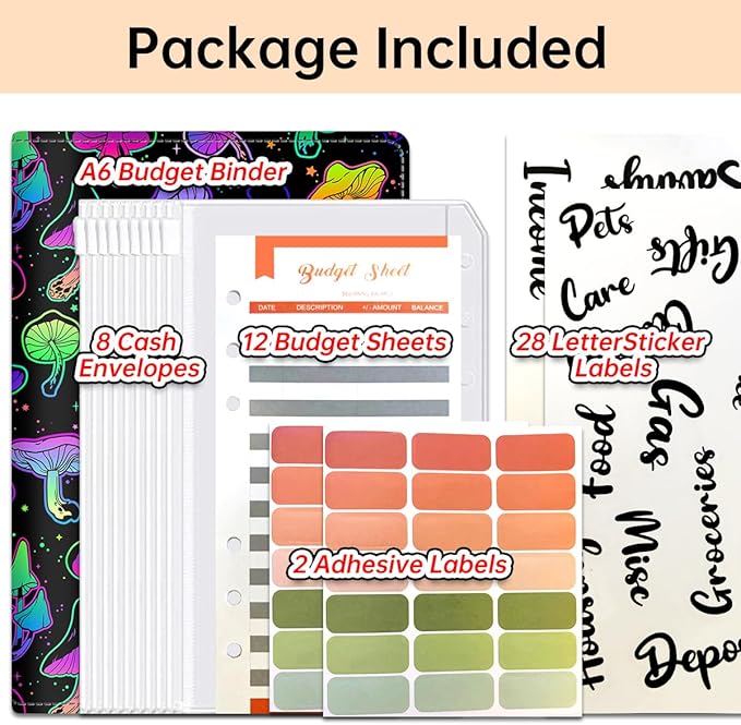 Budget Binder, Cute A6 Money Saving Binder with Zipper Envelopes, PU Leather Money Organizer for Cash, Expense Budget Sheets and Cash Envelopes for Budgeting Cute Mushrooms