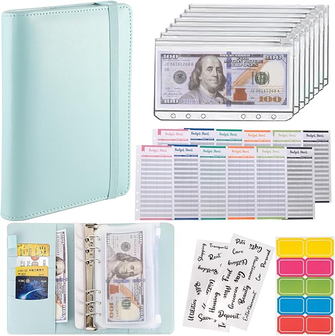 NICOOTHBudget Binder Cash Envelopes A6 Money Saving Binder with Zipper envelopes (Navy Blue)