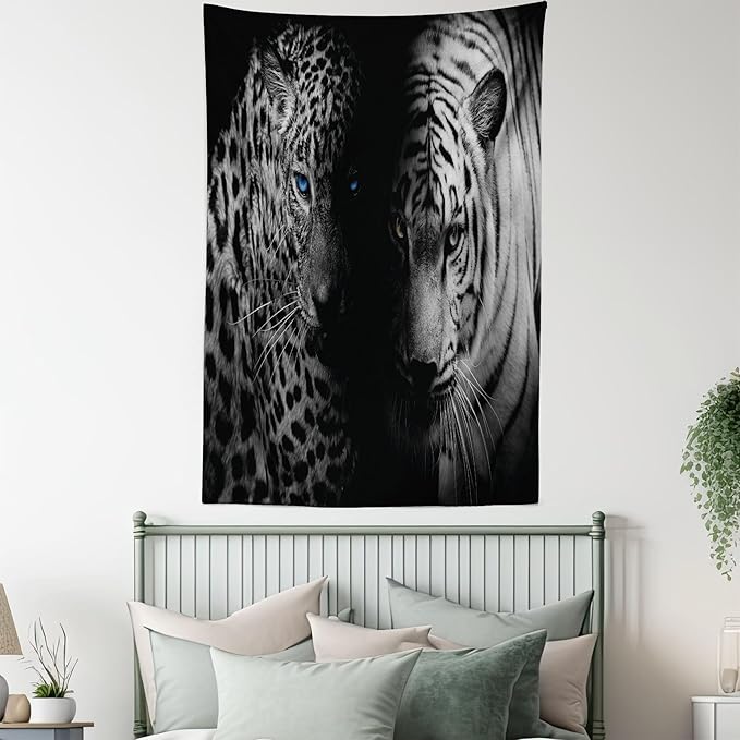Ambesonne Leopard Tapestry, Animal Eyes Aggressive Powerful Wildcat Profile Print Monochrome Design, Fabric Wall Hanging Decor for Bedroom Living Room Dorm, 30" X 45", Black White Blue