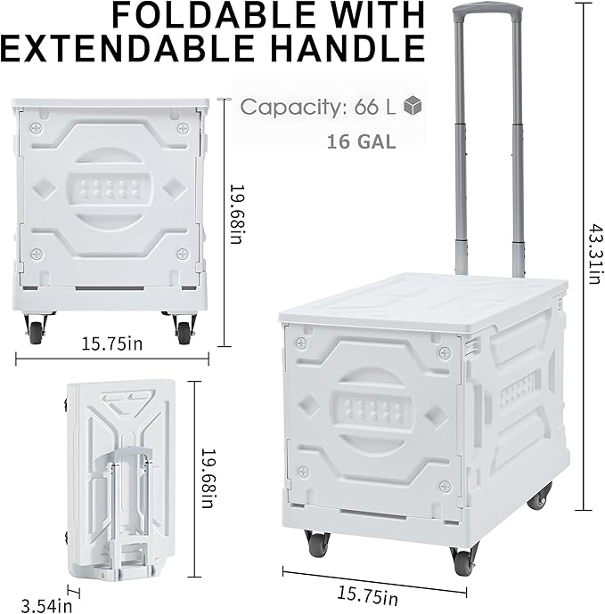 VECELO Foldable Shopping Cart with Wheels, Collapsible Rolling Crate for Groceries, Folding Storage Box with Handle, Three Modes of Use, Ideal for Teacher, Trip, Outdoors, Etc., 16GAL, White