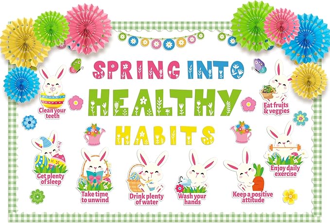 Spring Health Bulletin Board Decorations Spring into Healthy Habits Classroom Bulletin Board Set with 3D Paper Fans Easter Bunny Health Cutouts for School Home Door Wall Chalkboard Decor