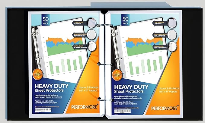 50 Sheet Protectors 8.5 x 11 for 3 Ring Binder, Heavy Duty, Clear Page Protector, Polypropylene Plastic Sleeves, Top Loading, Reinforced Holes, Archival Safe - Performore
