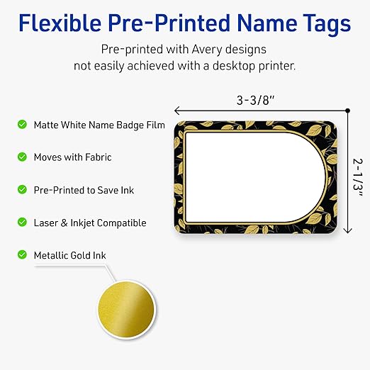 Avery Printable Adhesive Name Badges, 2-1/3" x 3-3/8", Pre-Printed Arched Black Border with Golden Leaves Design, Matte White, Laser & Inkjet Compatible, 80 Total