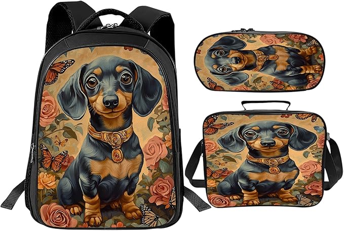 Cute Dachshund Backpack Set 3 Piece School Bags and Lunch Box with Pencil Case Funny Flower Dog Animal Bookbag Set for Toddler Kids Girls Boys Teens Kindergarten Elementary Middle