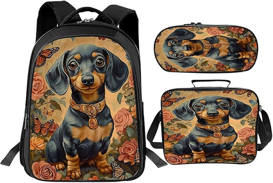 Cute Dachshund Backpack Set 3 Piece School Bags and Lunch Box with Pencil Case Funny Flower Dog Animal Bookbag Set for Toddler Kids Girls Boys Teens Kindergarten Elementary Middle