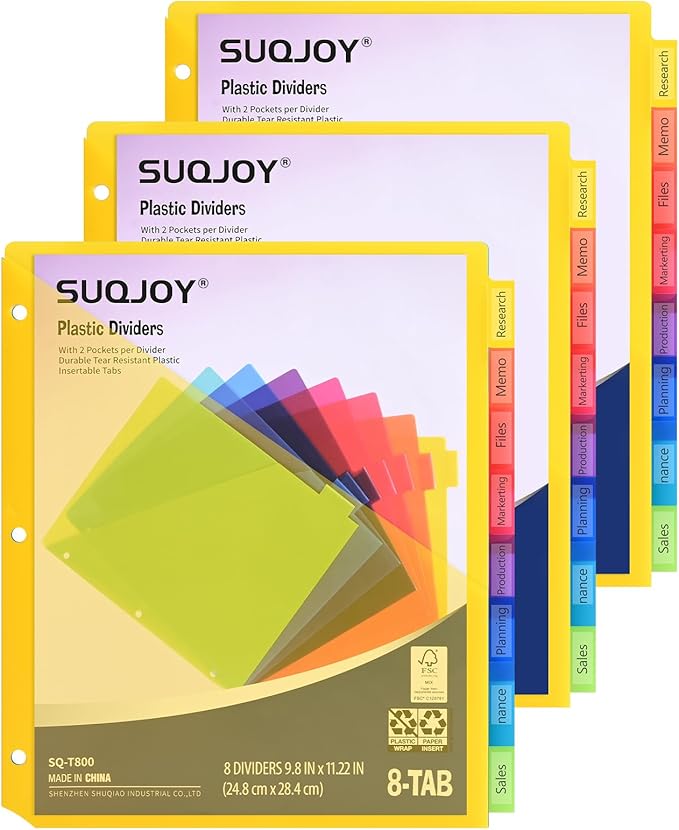 8-Tab Dividers for 3 Ring Binder, 24 Count Binder Dividers with Pockets, Subject Dividers, 3-Hole Plastics Sheets Protectors for US Letter Size in 0.5", 1",2" Binders, Vibrant 8 Color, 3 Packs