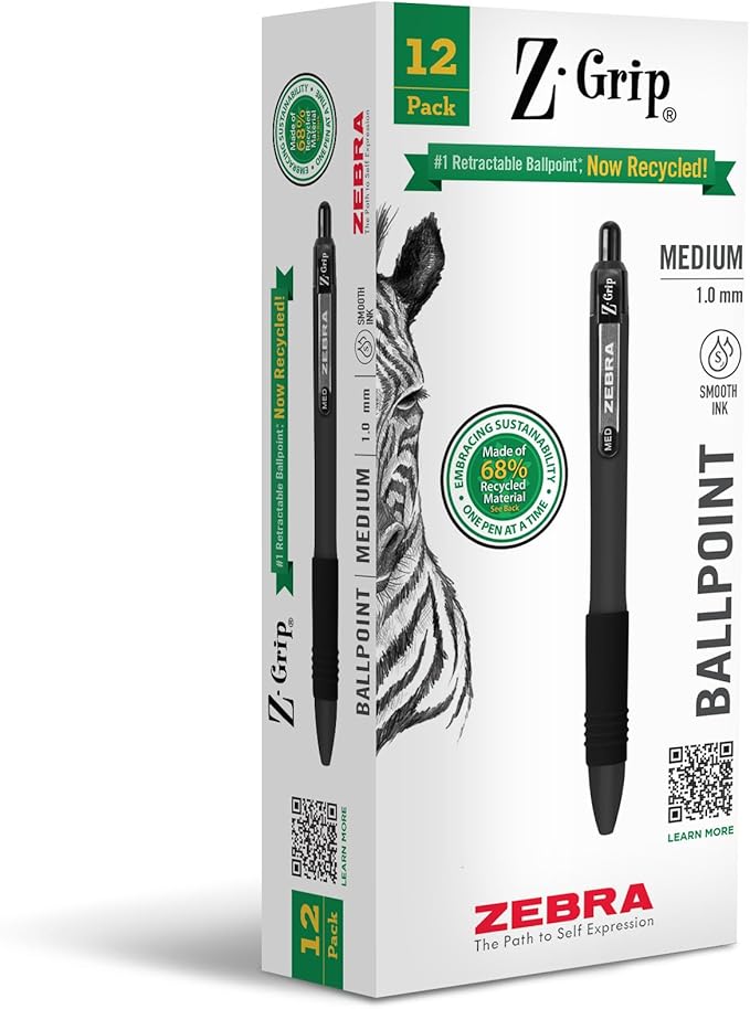 Zebra Pen Z-Grip Recycled Retractable Ballpoint Pens,1.0mm, Black Ink, Durable Metal Clip, 68% Recycled (GRS Certified; Global Recycled Standards), School & Office Supplies, 12-Pack (20610)