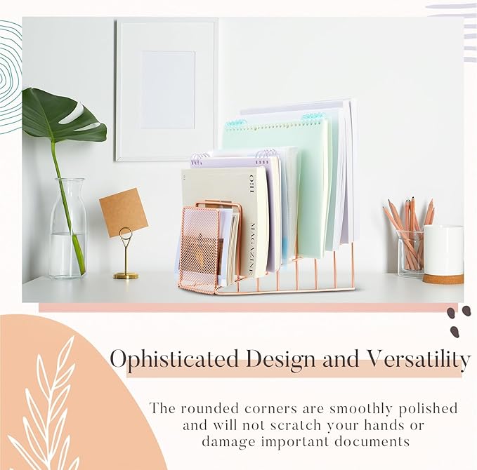 2 Pcs 7 Section Wire File Organizer for Desk, Metal Mesh Incline File Holder, Letter & Magazine Folder Rack, Desktop Paper Sorter for Home Office School (Rose Gold)