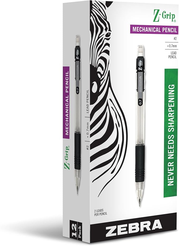 Zebra Pen Z-Grip Mechanical Pencil, 0.7mm Point Size, HB #2 Graphite, Clear Pearlescent Barrel with Black Grip, School Supplies and Teacher Supplies, 12-Pack (52410)