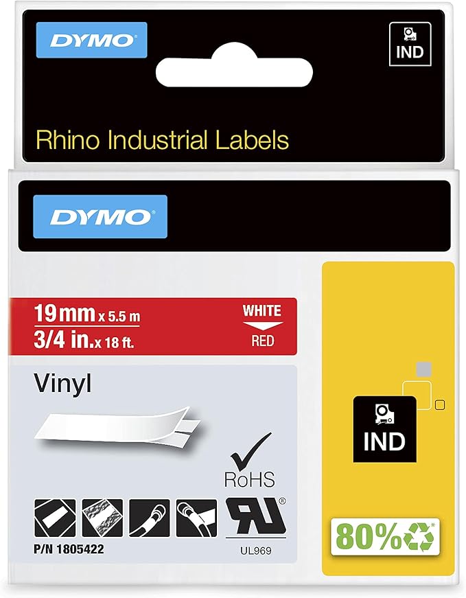 DYMO Rhino Industrial Vinyl Labels, 3/4", White Print on Red Tape