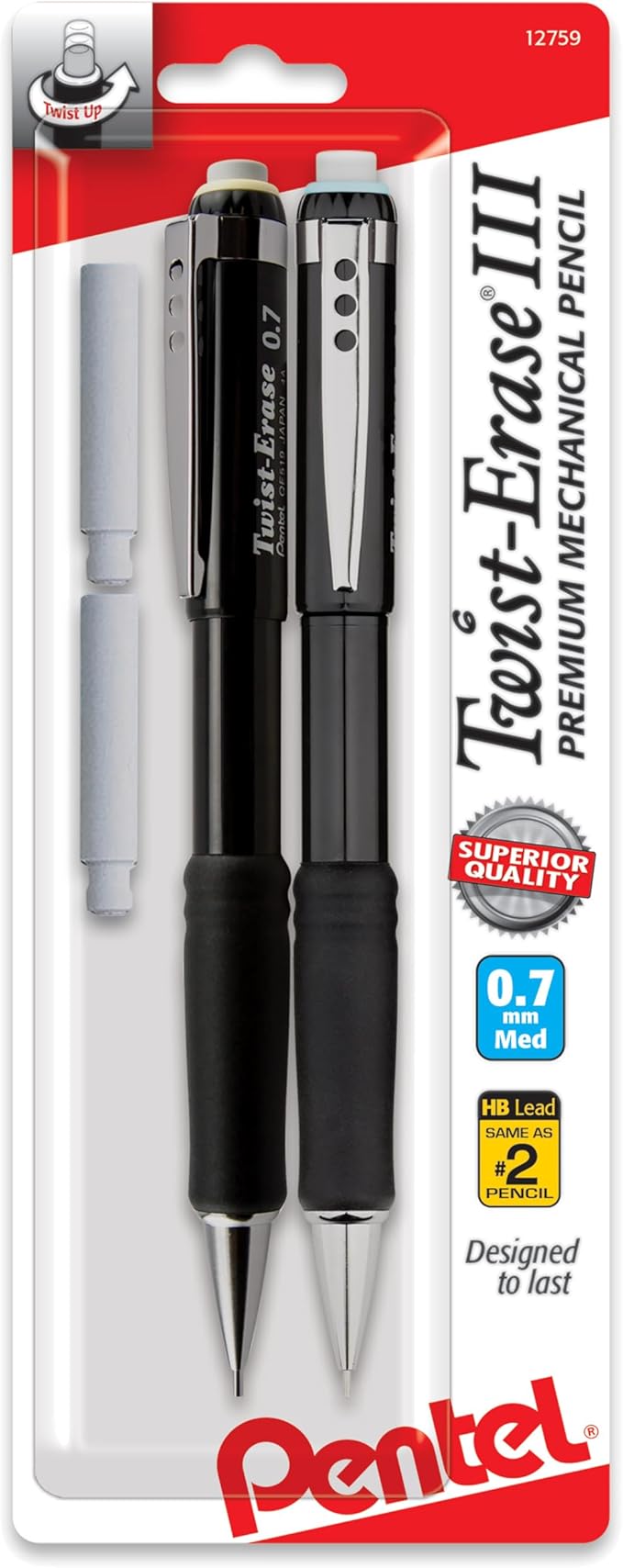 Pentel Twist-Erase III Mechanical Pencil,(0.7mm),Assorted Barrel Colors with 2 Eraser Refills (QE517BP2),(Pack of 4)