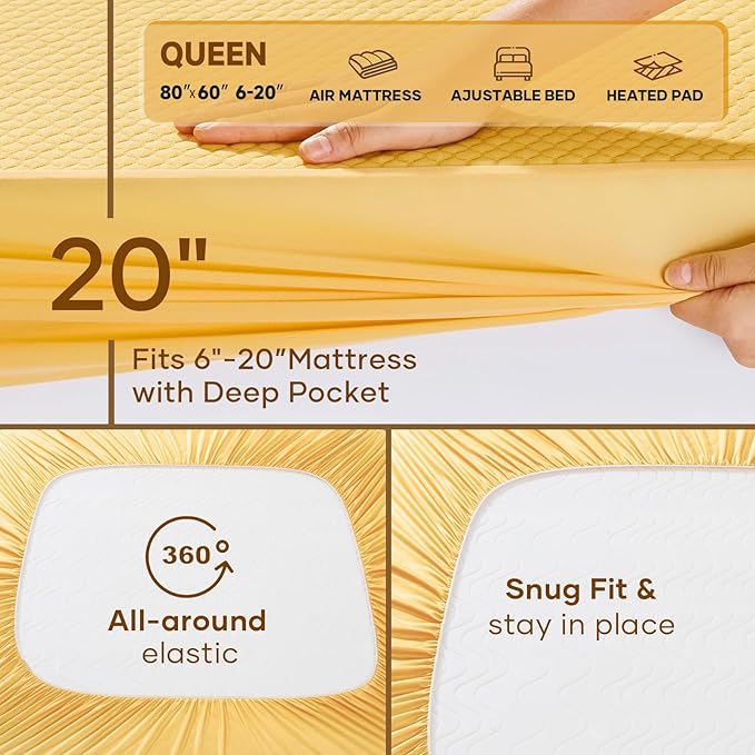 OhGeni 100% Waterproof Mattress Protector,Queen Size Mattress Soft Pad,Hair & Bedwetting Resistant,Cooling Breathable Fitted Sheets,Washable Bed Cover,Non-Slip Deep Pocket,Noiseless for Bedroom,Yellow