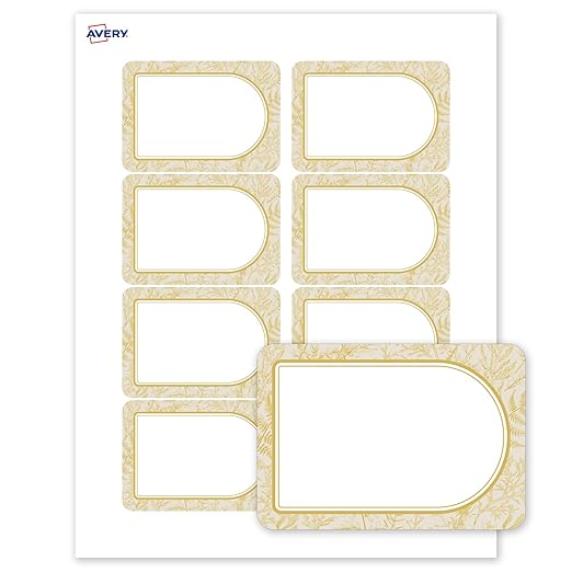 Avery Printable Adhesive Name Badges, 2-1/3" x 3-3/8", Pre-Printed Arched Metallic Gold Florals Design, Matte White, Laser & Inkjet Compatible, 80 Total