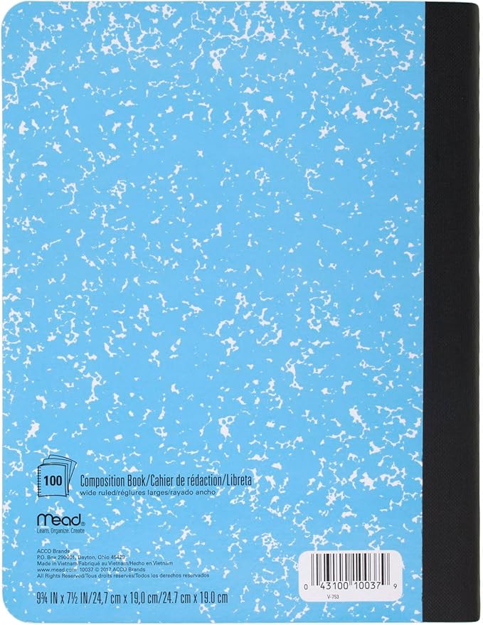 Mead Composition Notebook, 6 Pack, Wide Ruled Paper, 7-1/2" x 9-3/4", 100 Sheets per Comp Book, Assorted Colors (950054-ECM)