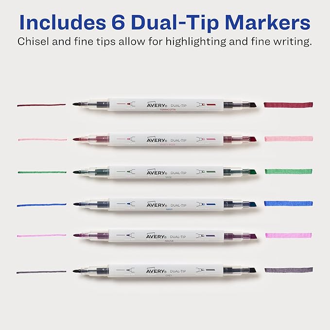 Avery Dual Tip Markers, Fine Tip Marker and Chisel Tip Marker, Quick-Drying Water-Based Markers, Muted Neutral Colors, Ideal Planner Markers and Bullet Journal Markers, 6-Pack (25003)