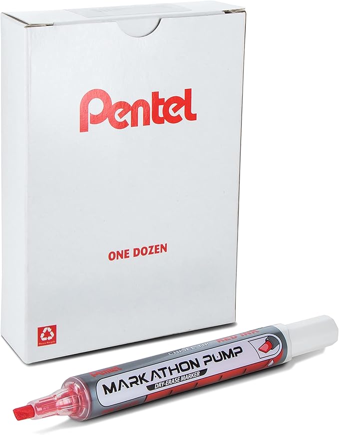 Pentel Markathon Pump Dry Erase Marker, Chisel Tip, Red Ink, 12 Pack (MWL6SX-B)