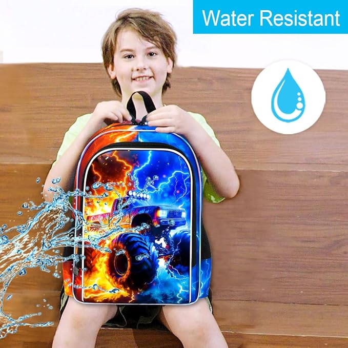 gxtvo 3PCS Kids Truck Backpack for Boys, 17" Boys Bookbag with Lunch Box, Water Resistant Middle Elementary School Bag - Fire & Lightning Truck