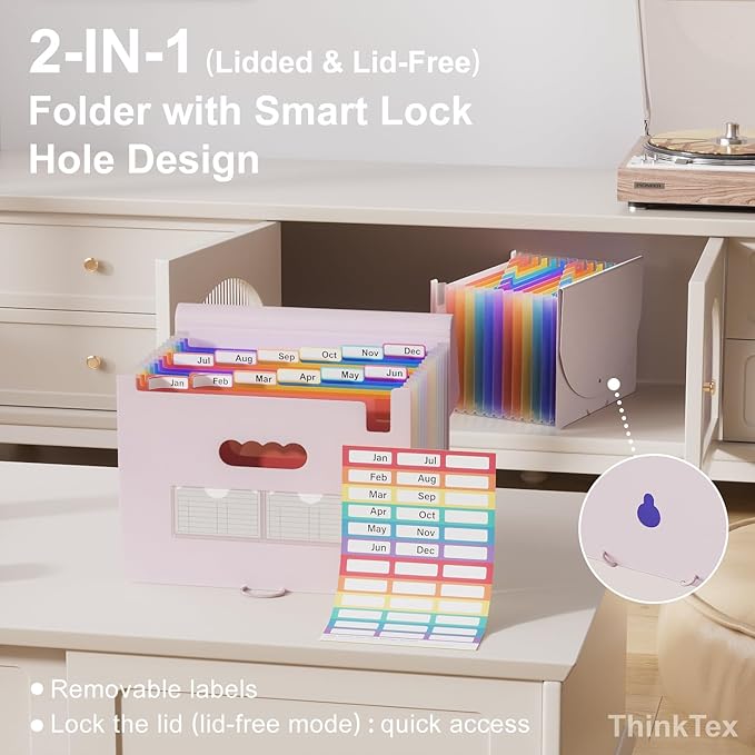 ThinkTex Accordion File Organizer, 12 - Pocket Expanding File Folders for Paper Receipts, Bills & Taxes Organizer, Letter/A4 Size Document Holder for School, Office, Home with tabs-Pinkish Purple