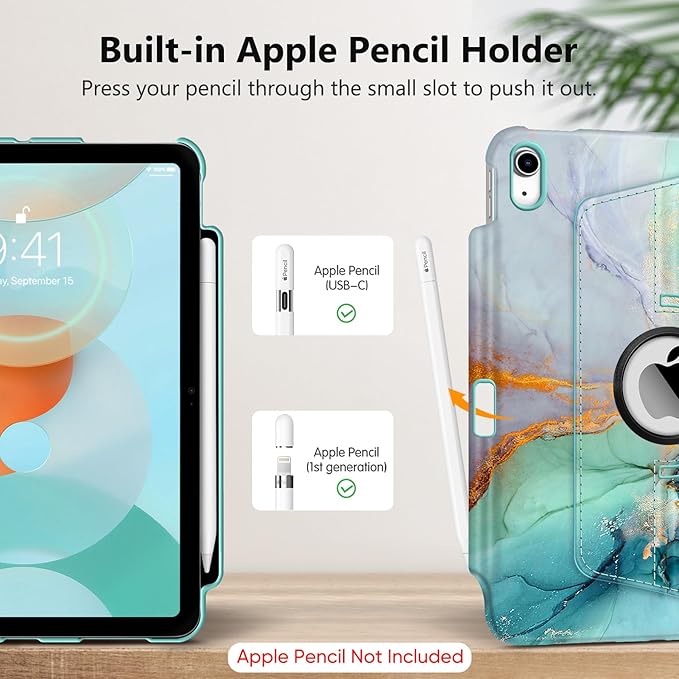 Fintie Rotating Case for iPad (A16) 11th Generation 11 Inch (2025), iPad 10th Generation 10.9 Inch (2022) - [Built-in Pencil Holder] 360 Degree Rotating Protective Stand Cover, Emerald Marble