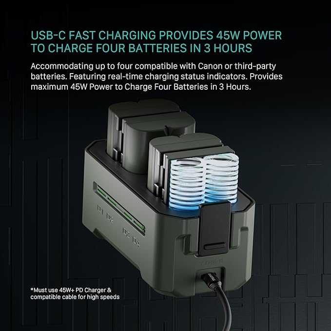 Tilta LP-E6P Charging Station Battery Kit, 4-Slot 45W PD USB-C Fast Charger | Compatible with Canon LP-E6 LP-E6P Cameras | Compact Portable Travel Charger, 2 Batteries - Green