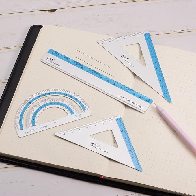 HARFINGTON 4pcs Geometry Set 15cm Metric Measure Ink Printing Aluminum Ruler Metal Ruler Set Triangle Protractor Ruler Tool Set for Classroom, Office, Home, Blue