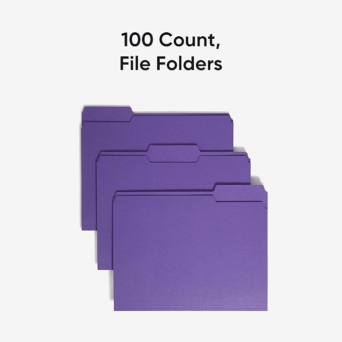 Smead Standard File Folders, Purple, 1/3-Cut Tabs, Letter Size (13043), 100 Count (Pack of 5)