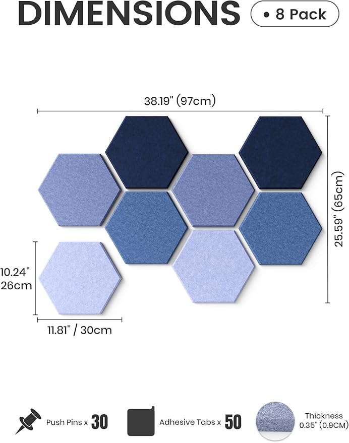 Fluxynara Hexagon Cork Board Alternative for Walls Decor-8-Pack Felt Bulletin Board Tiles,with 30 Pushpins,50 Adhesive Tabs for Office,Classrooms & Home Pin Board Felt Board-Denim Mist